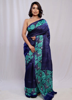 Blue Printed Pure Silk Saree With Blouse Piece - Indian Silk House Agencies