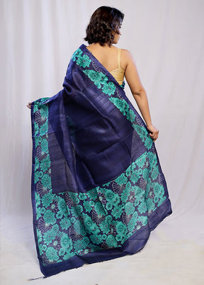 Blue Printed Pure Silk Saree With Blouse Piece - Indian Silk House Agencies