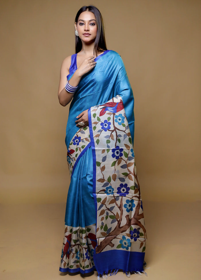 Blue Tussar Silk Saree With Blouse Piece