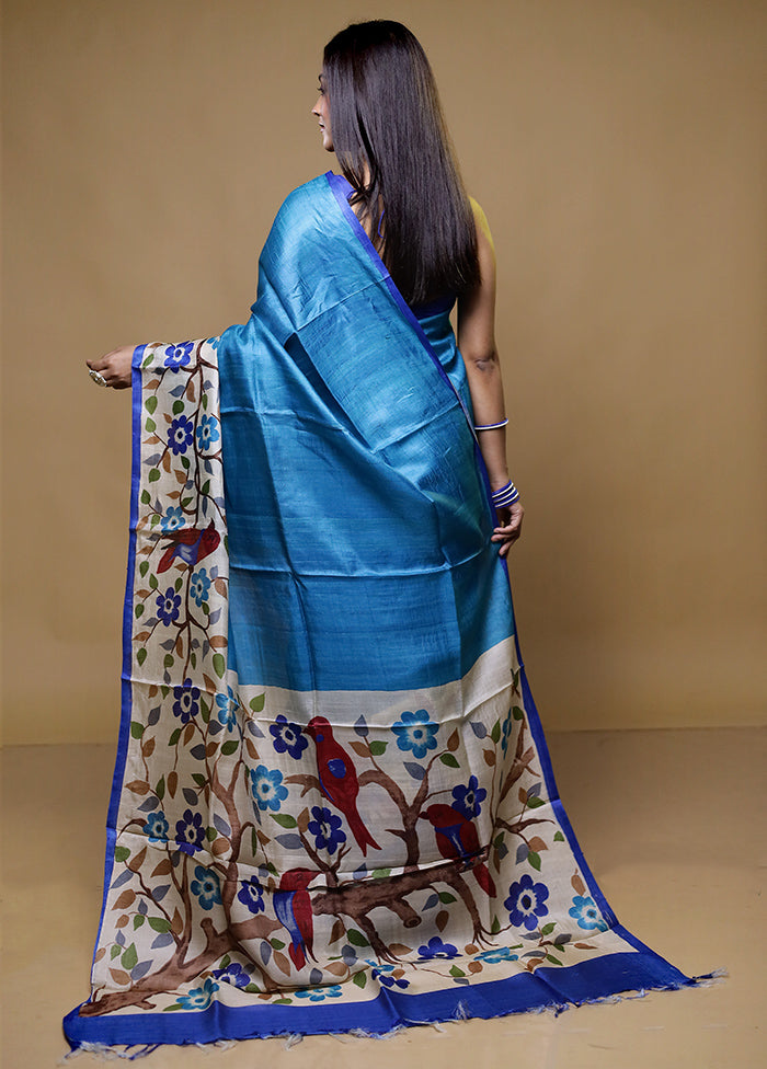 Blue Tussar Silk Saree With Blouse Piece