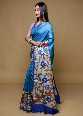 Blue Tussar Silk Saree With Blouse Piece