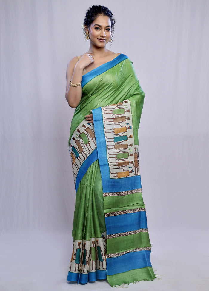 Green Tussar Silk Saree With Blouse Piece - Indian Silk House Agencies