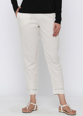 Off White Cotton Casual Pant