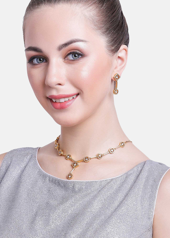 Gold Plated Geometric Designer Jewellery Set With Crystals - Indian Silk House Agencies