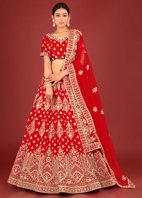 3 Pc Red Net Semi Stitched Lehenga Set - Indian Silk House Agencies