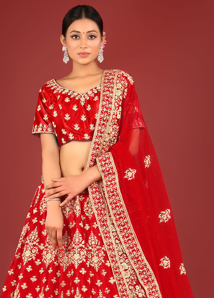 3 Pc Red Net Semi Stitched Lehenga Set - Indian Silk House Agencies