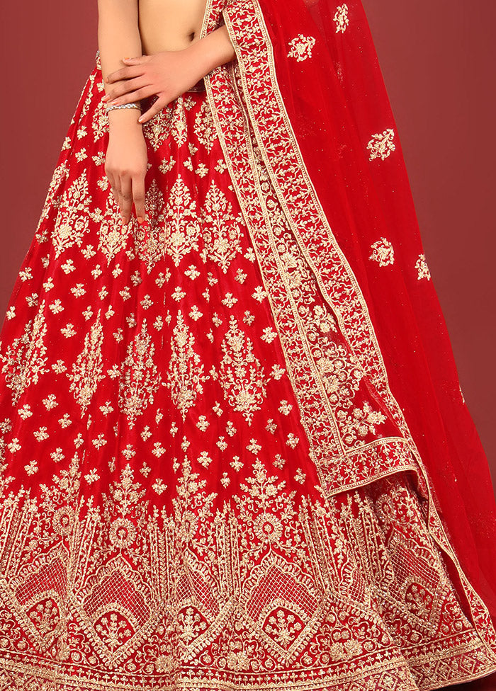 3 Pc Red Net Semi Stitched Lehenga Set - Indian Silk House Agencies