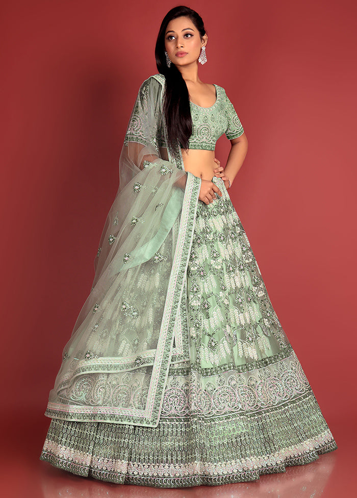 3 Pc Pista Green Net Semi Stitched Lehenga Set - Indian Silk House Agencies