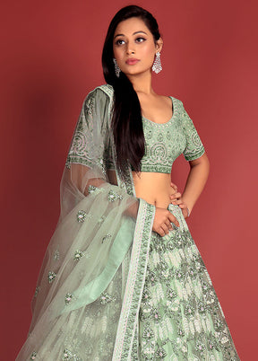 3 Pc Pista Green Net Semi Stitched Lehenga Set - Indian Silk House Agencies