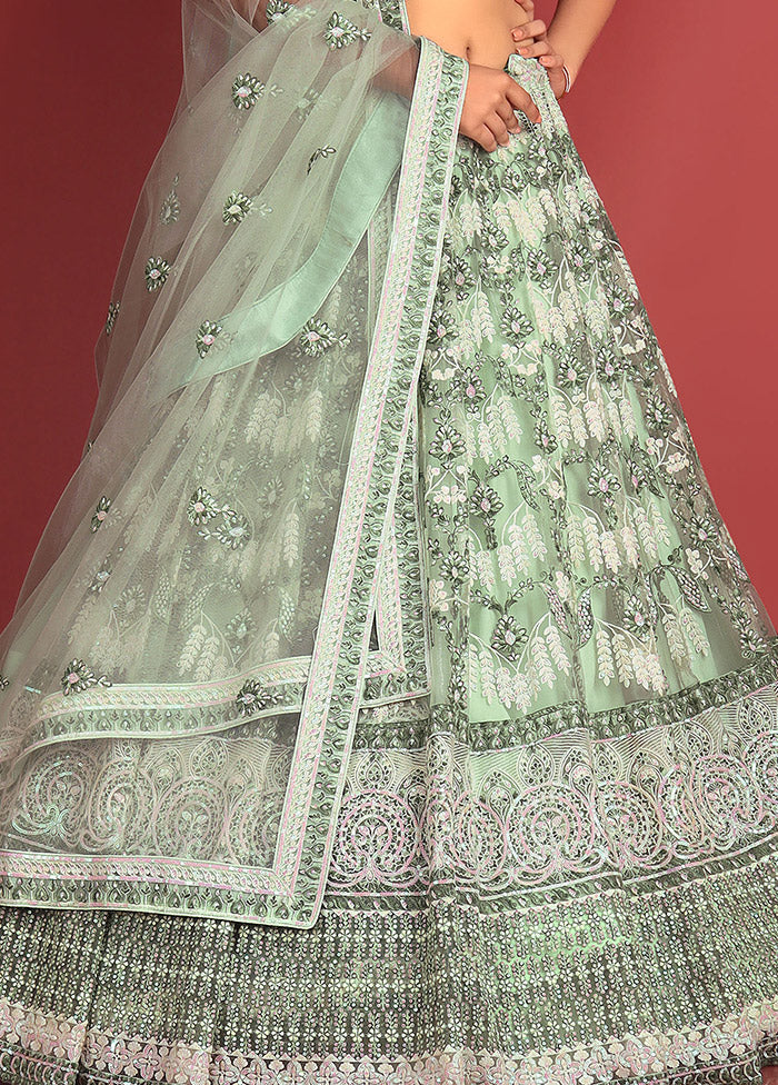 3 Pc Pista Green Net Semi Stitched Lehenga Set - Indian Silk House Agencies