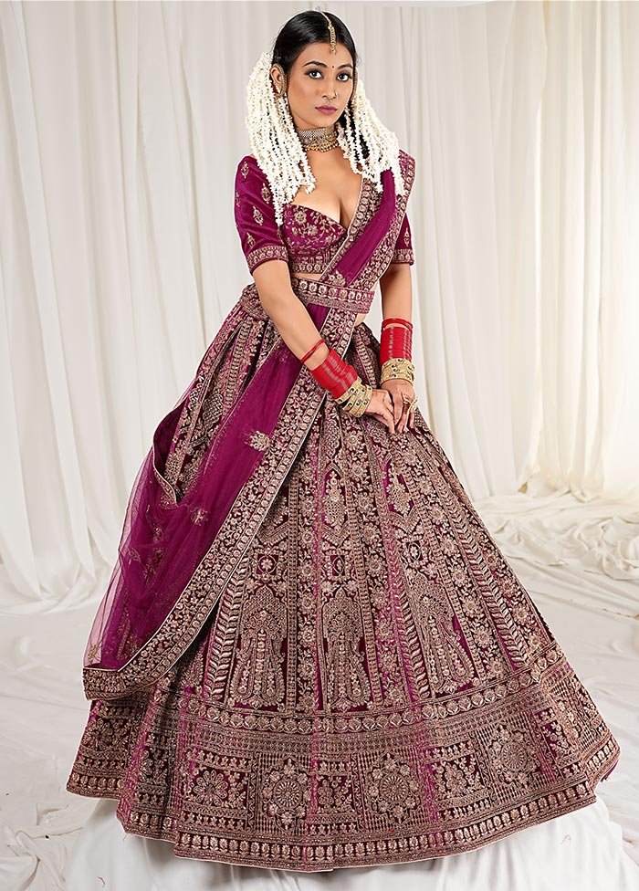 3 Pc Wine Velvet Semi Stitched Bridal Lehenga Set - Indian Silk House Agencies