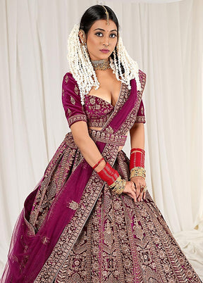 3 Pc Wine Velvet Semi Stitched Bridal Lehenga Set - Indian Silk House Agencies