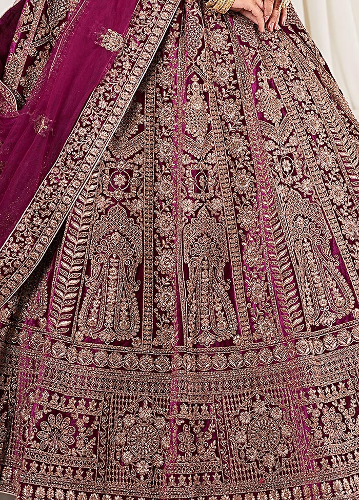 3 Pc Wine Velvet Semi Stitched Bridal Lehenga Set - Indian Silk House Agencies