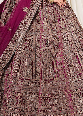 3 Pc Wine Velvet Semi Stitched Bridal Lehenga Set - Indian Silk House Agencies