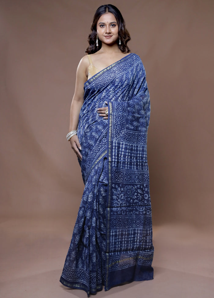 Blue Chanderi Cotton Saree With Blouse Piece - Indian Silk House Agencies