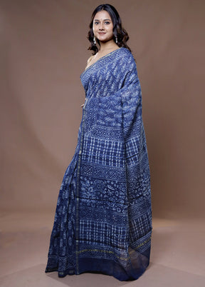 Blue Chanderi Cotton Saree With Blouse Piece - Indian Silk House Agencies