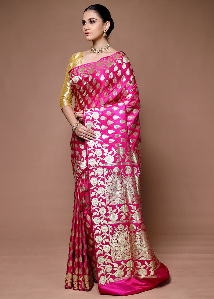 Pink Banarasi Silk Saree With Blouse Piece