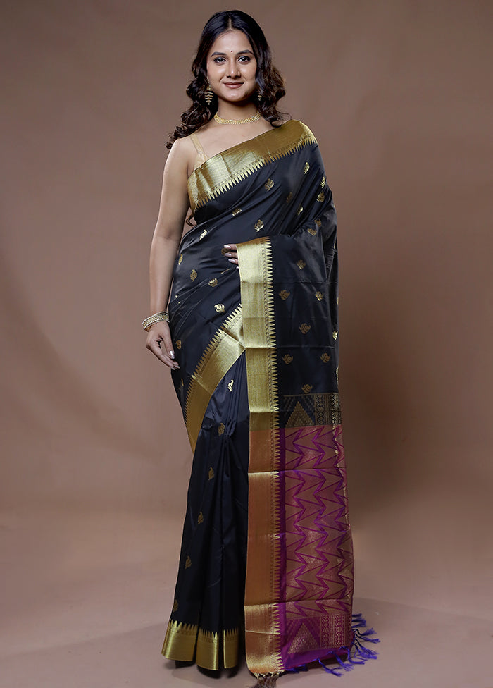 Black Kanjivaram Silk Saree With Blouse Piece - Indian Silk House Agencies