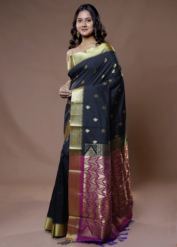 Black Kanjivaram Silk Saree With Blouse Piece - Indian Silk House Agencies