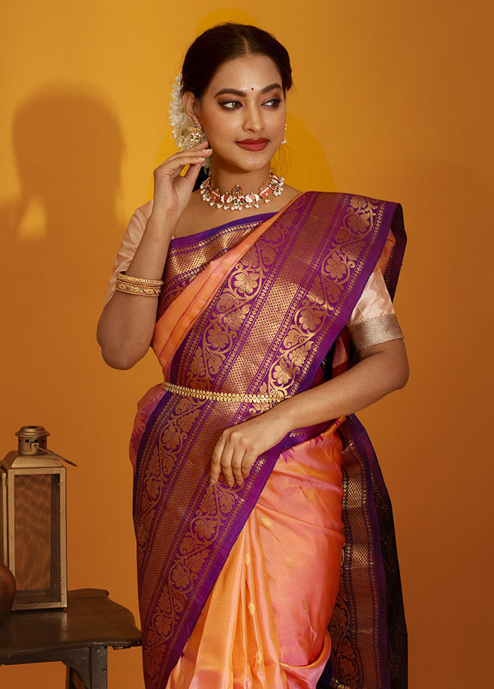 Peach Gadwal Pure Silk Saree Without Blouse Piece - Indian Silk House Agencies