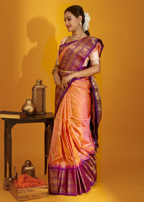 Peach Gadwal Pure Silk Saree Without Blouse Piece - Indian Silk House Agencies