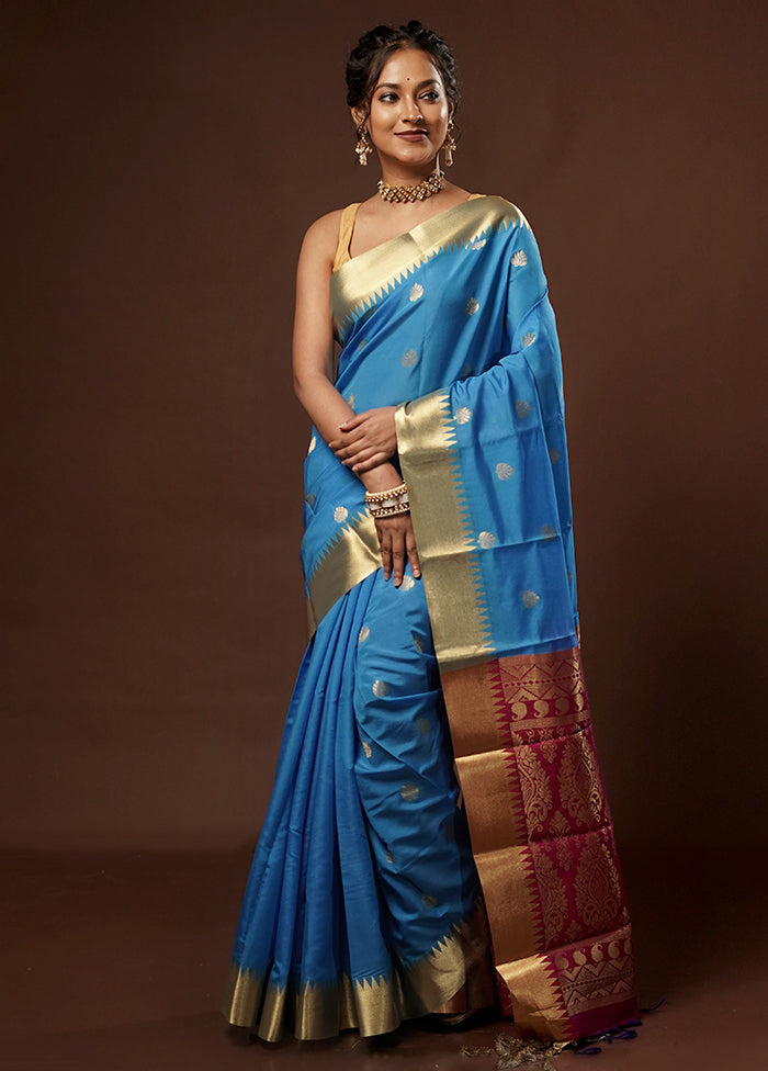 Blue Kanjivaram Silk Saree With Blouse Piece - Indian Silk House Agencies