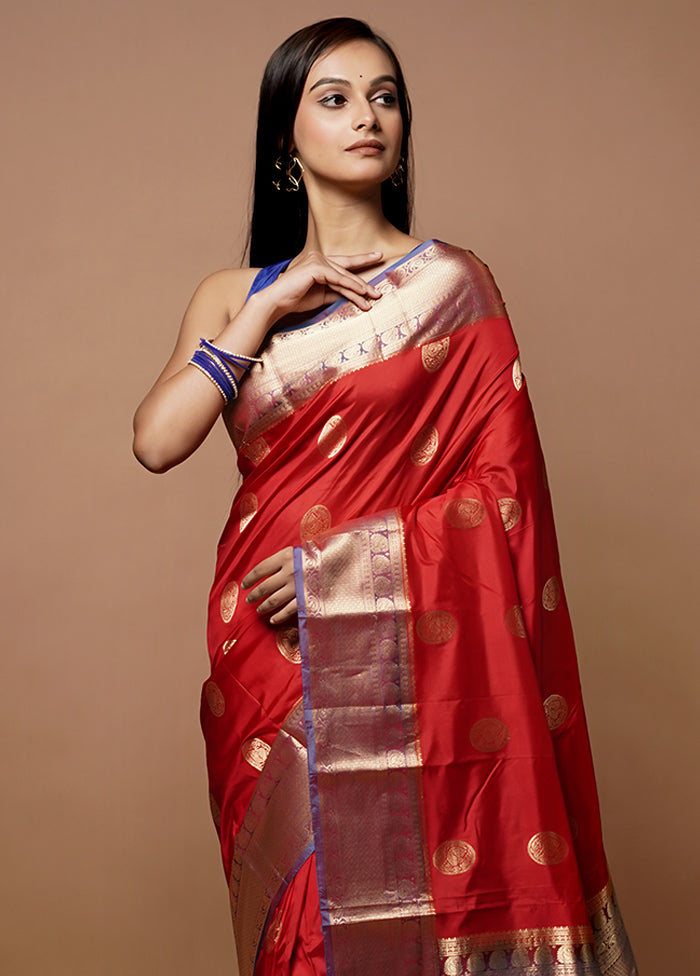 Red Handloom Kanjivaram Pure Silk Saree With Blouse Piece