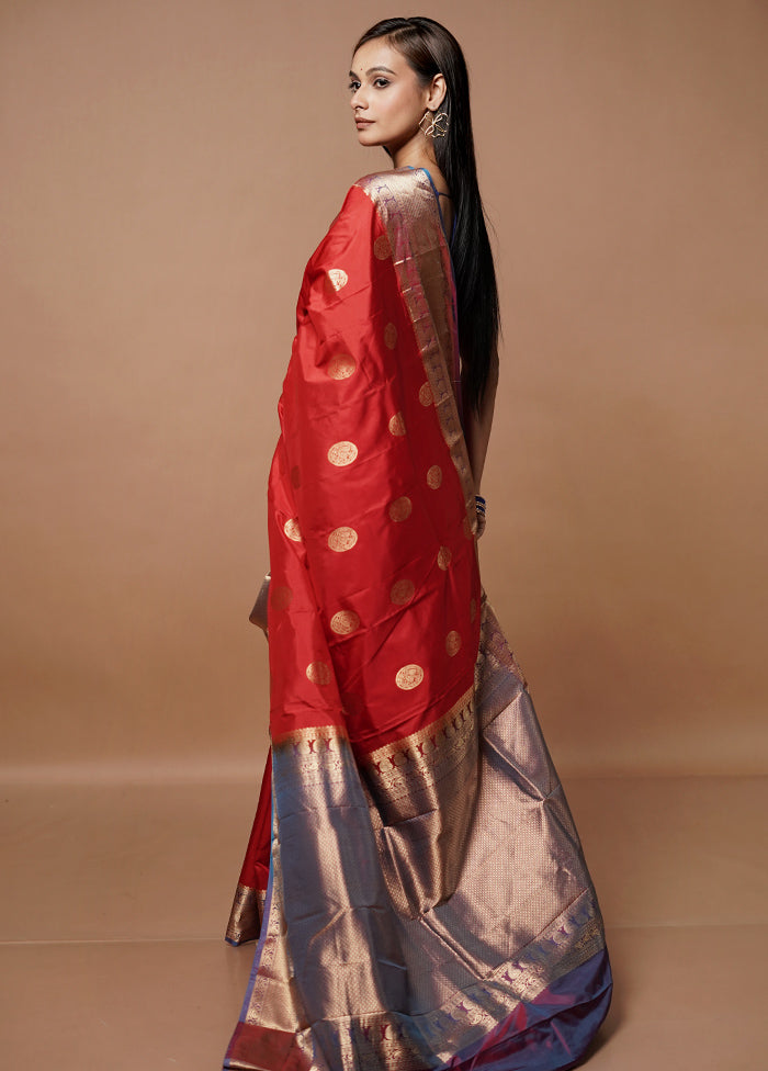 Red Handloom Kanjivaram Pure Silk Saree With Blouse Piece