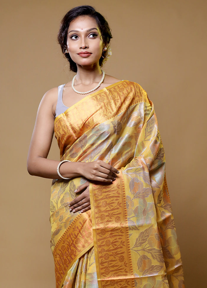 Yellow Kora Silk Saree With Blouse Piece