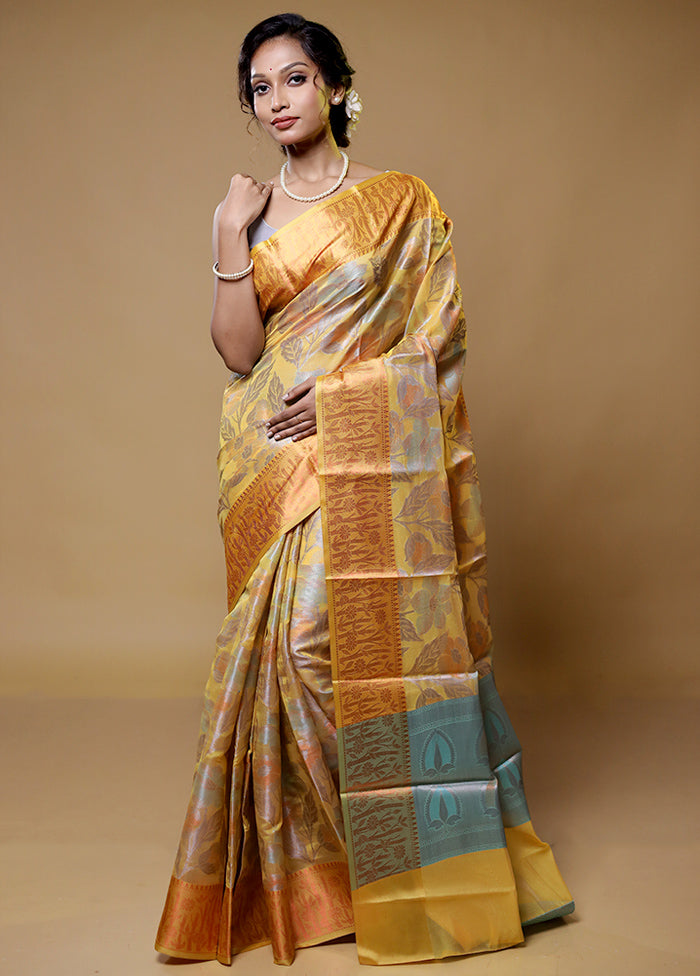 Yellow Kora Silk Saree With Blouse Piece