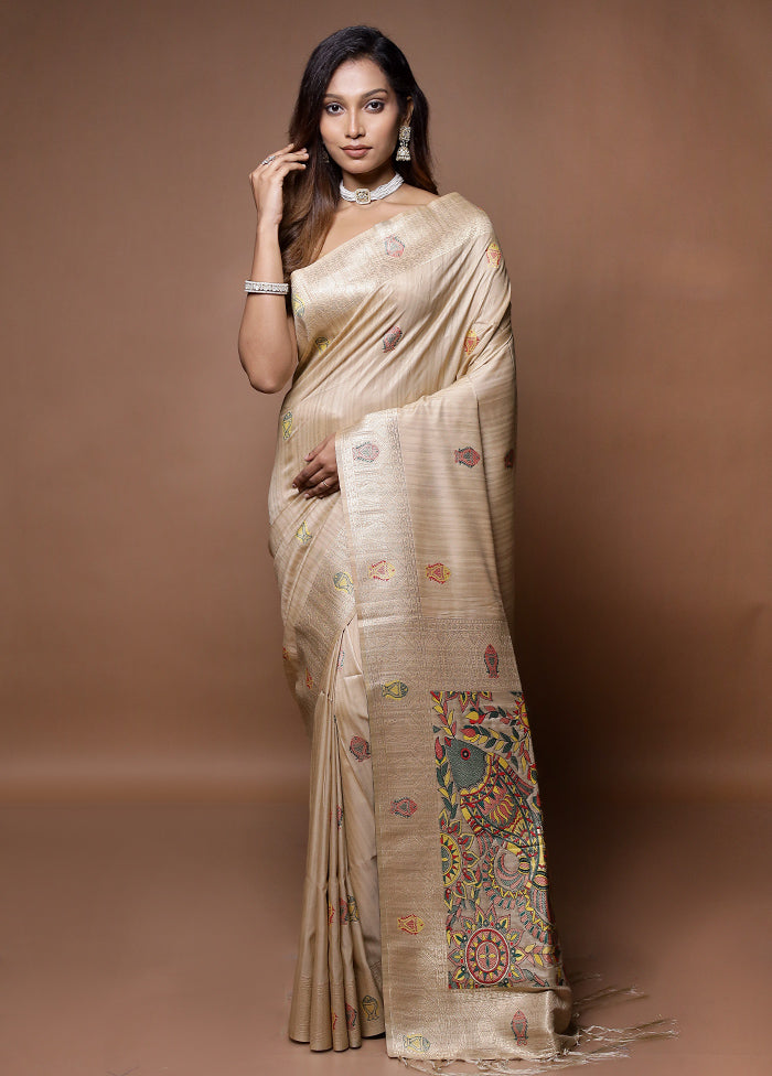 Cream Tussar Silk Saree With Blouse Piece - Indian Silk House Agencies