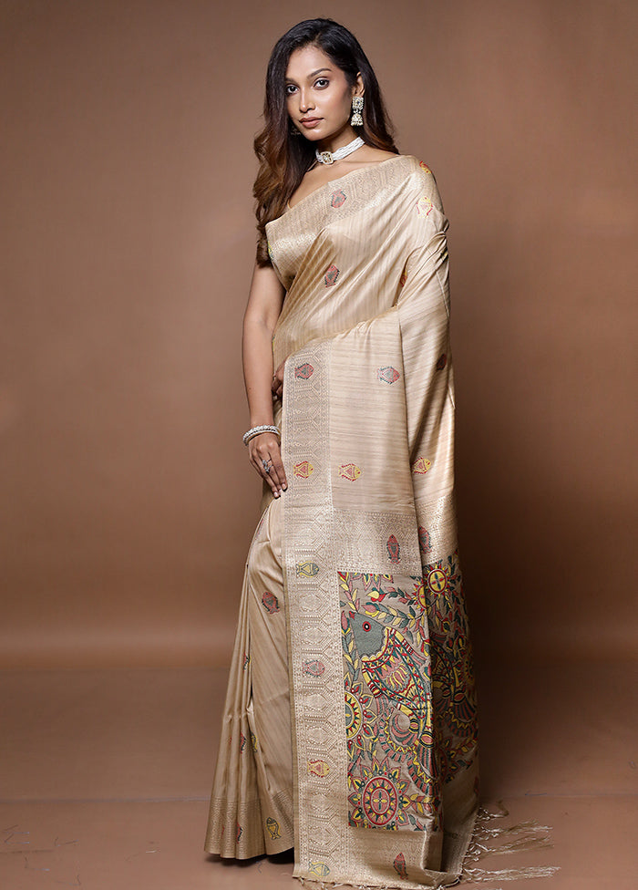 Cream Tussar Silk Saree With Blouse Piece - Indian Silk House Agencies