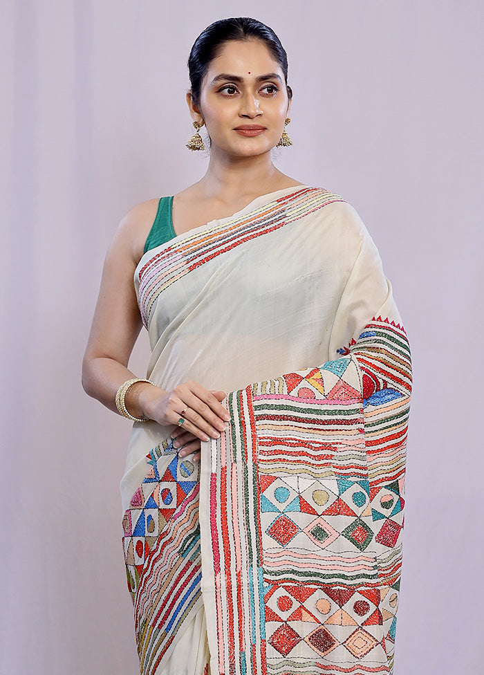 Cream Kantha Stitch Silk Saree With Blouse Piece - Indian Silk House Agencies