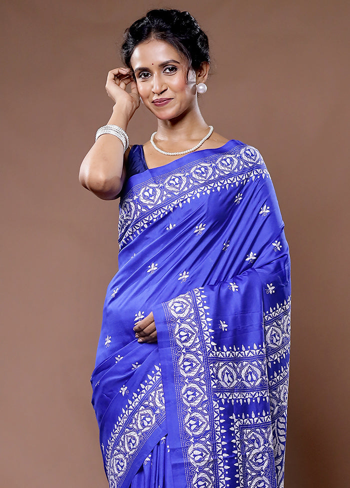 Blue Kantha Stitch Pure Silk Saree With Blouse Piece - Indian Silk House Agencies