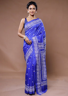 Blue Kantha Stitch Pure Silk Saree With Blouse Piece - Indian Silk House Agencies