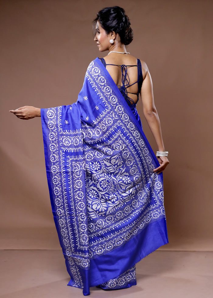 Blue Kantha Stitch Pure Silk Saree With Blouse Piece - Indian Silk House Agencies