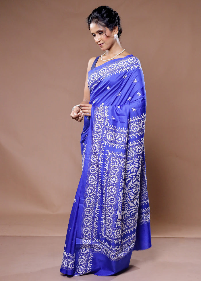 Blue Kantha Stitch Pure Silk Saree With Blouse Piece - Indian Silk House Agencies