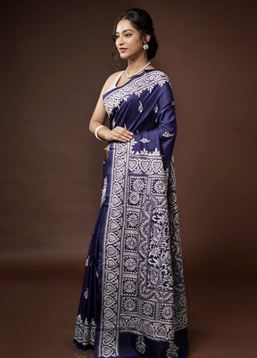 Blue Kantha Stitch Pure Silk Saree With Blouse Piece - Indian Silk House Agencies