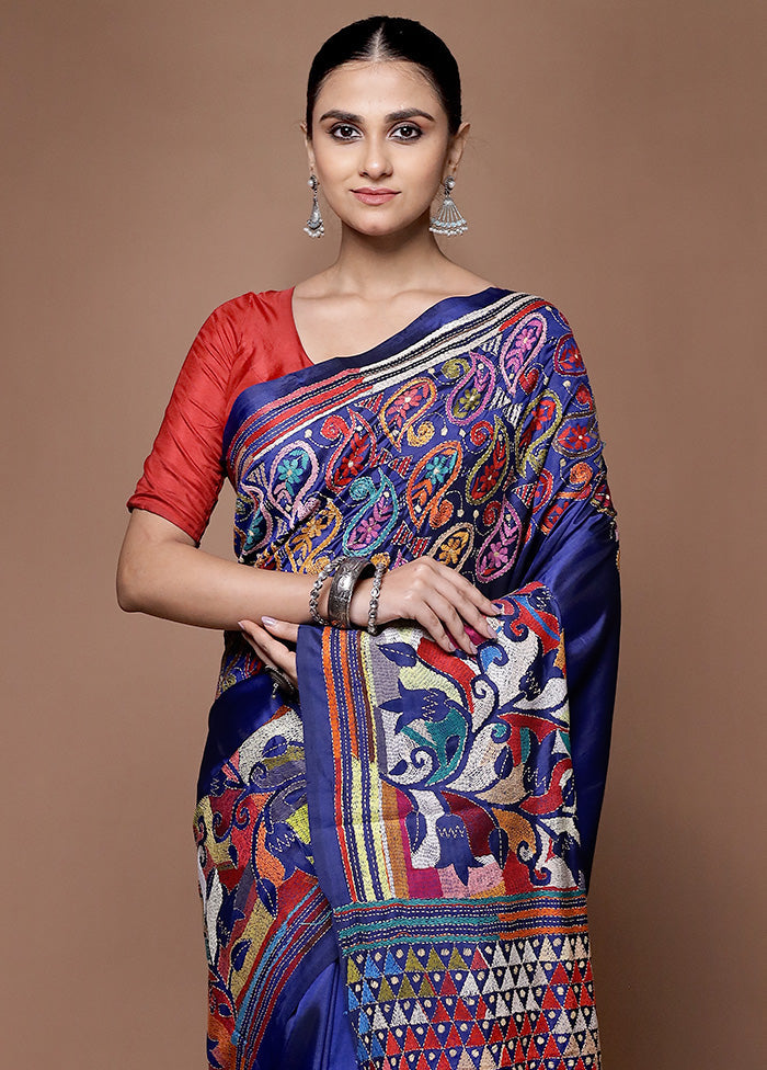 Blue Handloom Kantha Stitch Pure Silk Saree With Blouse Piece