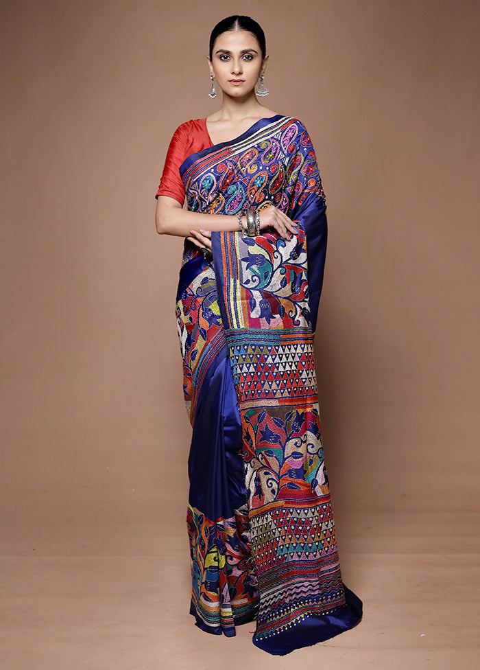 Blue Handloom Kantha Stitch Pure Silk Saree With Blouse Piece