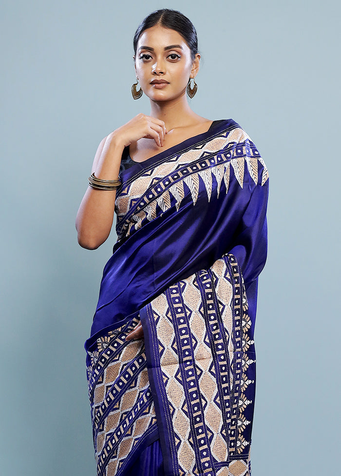 Blue Kantha Stitch Pure Silk Saree With Blouse Piece - Indian Silk House Agencies