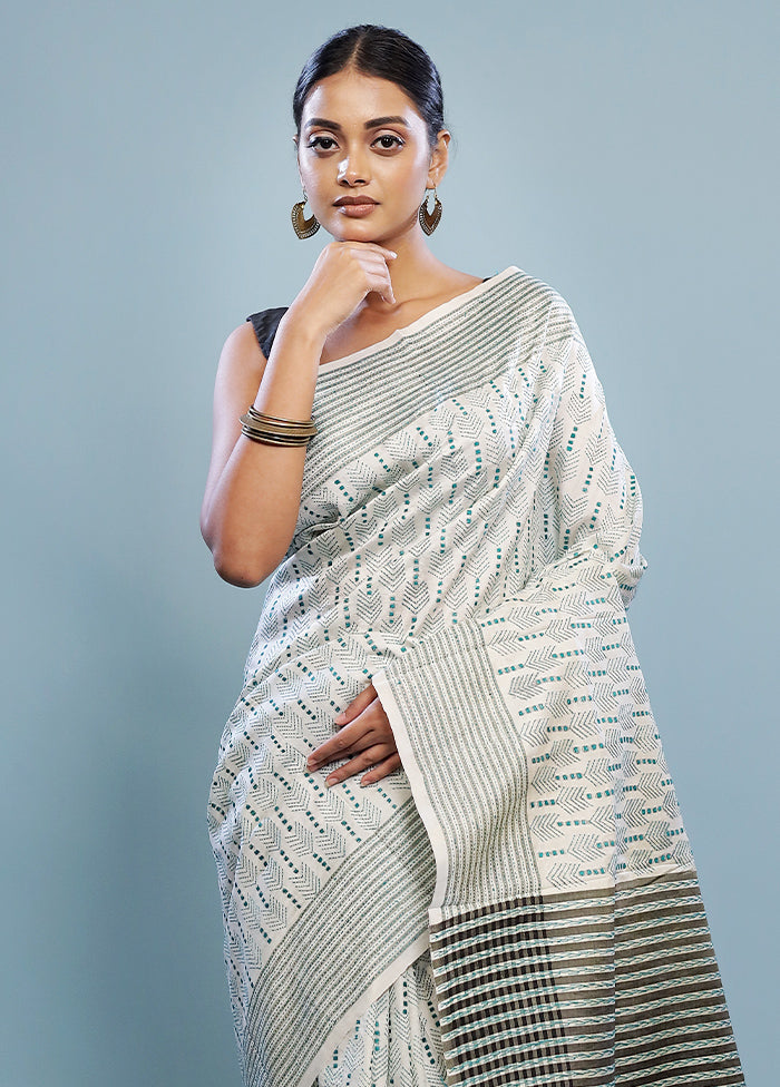 Grey Kantha Stitch Pure Silk Saree With Blouse Piece - Indian Silk House Agencies