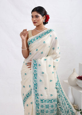 Cream Kantha Stitch Pure Silk Saree With Blouse Piece - Indian Silk House Agencies