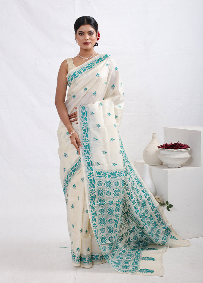 Cream Kantha Stitch Pure Silk Saree With Blouse Piece - Indian Silk House Agencies