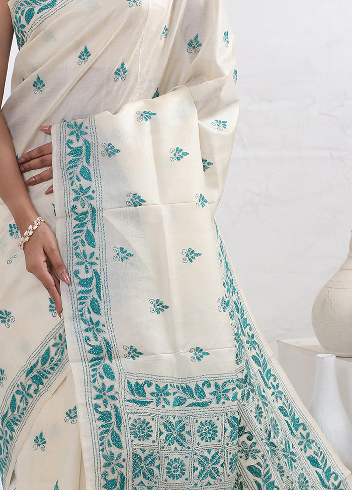 Cream Kantha Stitch Pure Silk Saree With Blouse Piece - Indian Silk House Agencies