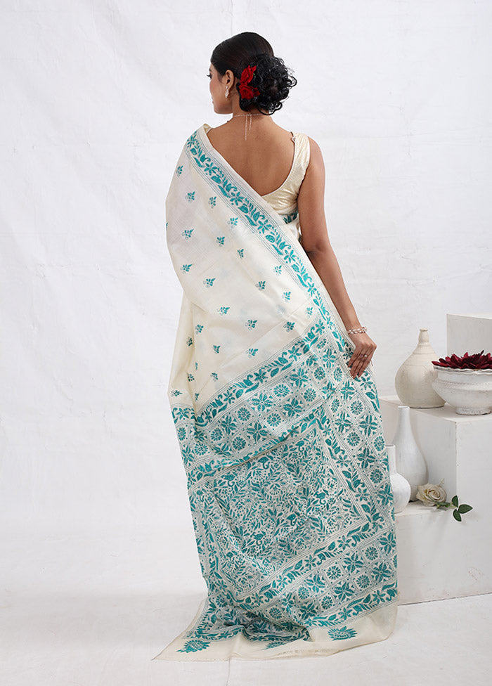 Cream Kantha Stitch Pure Silk Saree With Blouse Piece - Indian Silk House Agencies