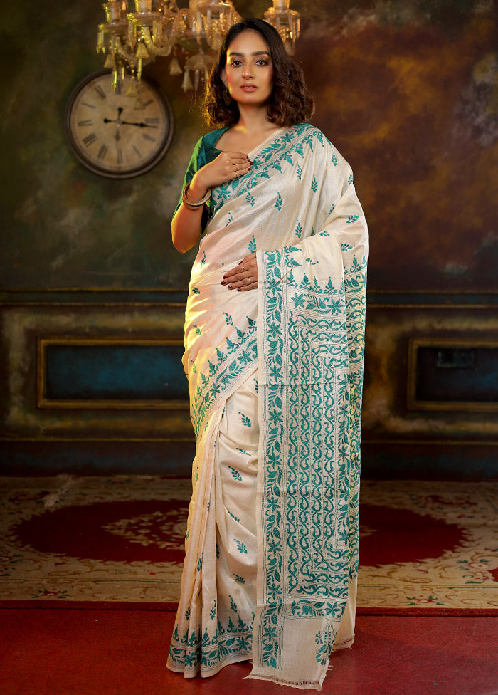 Cream Kantha Stitch Pure Silk Saree With Blouse Piece - Indian Silk House Agencies