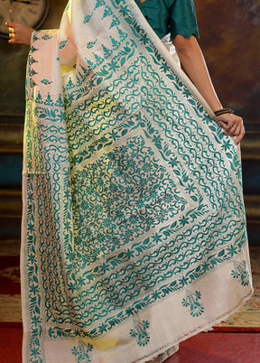 Cream Kantha Stitch Pure Silk Saree With Blouse Piece - Indian Silk House Agencies