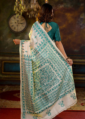 Cream Kantha Stitch Pure Silk Saree With Blouse Piece - Indian Silk House Agencies