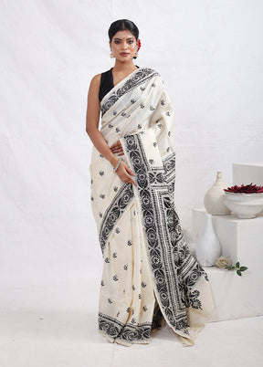 Cream Kantha Stitch Pure Silk Saree With Blouse Piece - Indian Silk House Agencies